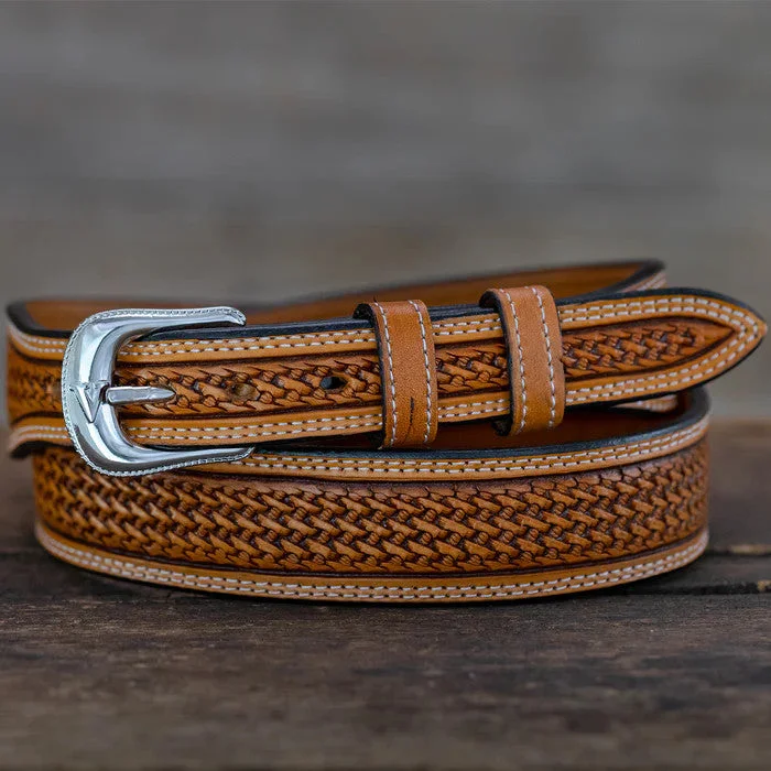 leather waist belt for casual jeans with silver buckle -1" Taper Russet Basket Tooled Belt