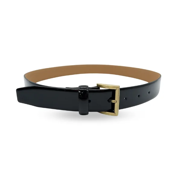 leather waist belt for trendy trousers with large buckle -AURORA - Womens Black Genuine Leather Patent Belt with Brass Buckle