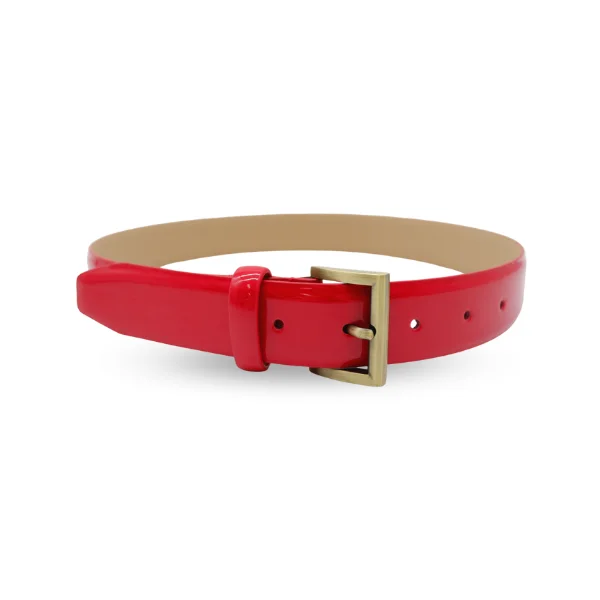 belt for casual pants with vintage finish -AURORA - Womens Red Leather Glossy Patent Leather Belt with Gold Buckle