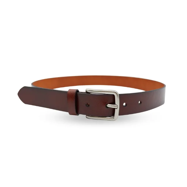 belt with geometric buckle for casual skirts -BALLINA - Women's Dark Brown Genuine Leather Belt with Brushed Silver Buckle