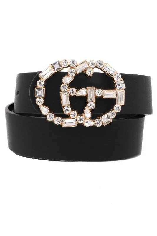 slim waist belt with geometric buckle for trousers -Black Rhinestone Buckle Belt