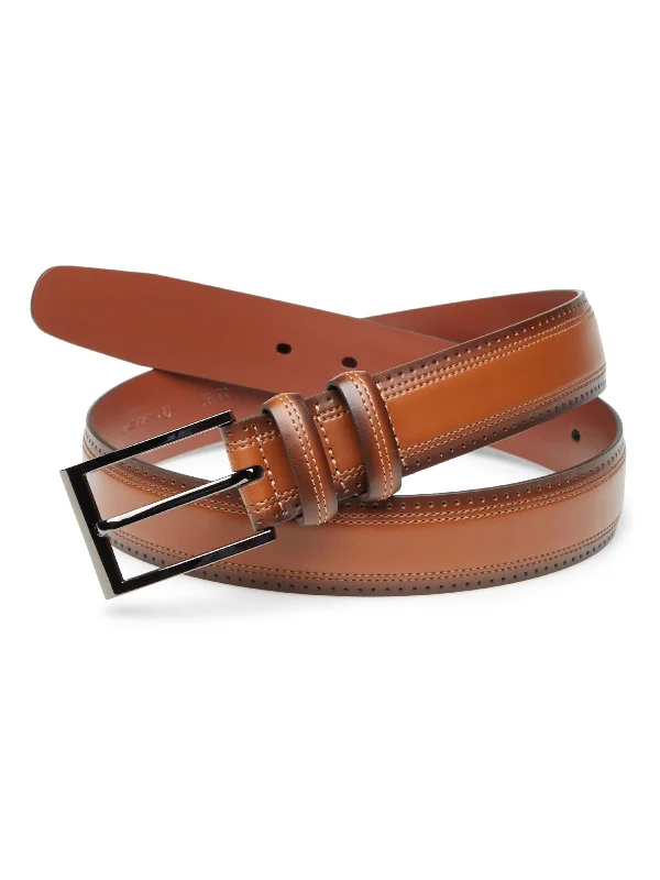 wide waist belt with leather and fabric combination -Brown Perforated Leather Belt