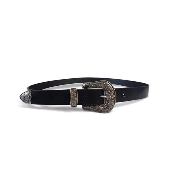 trendy belt with decorative buckle for casual pants -CAMDEN - Women's Leather Black genuine Belt with Silver Floral Embossed Metal