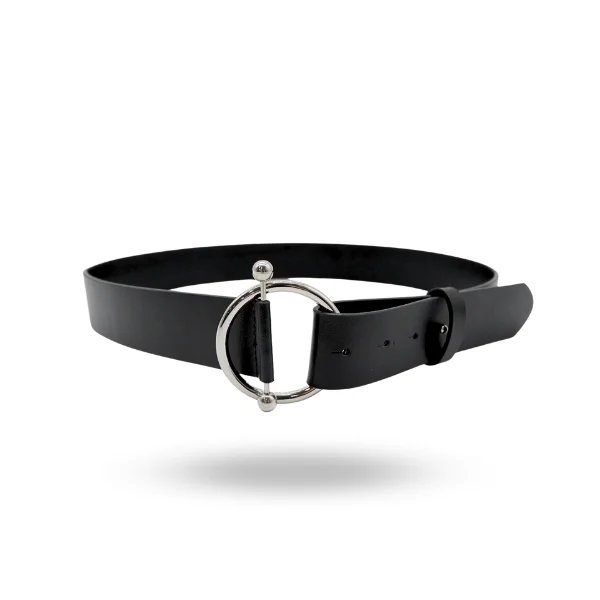 stylish leather belt with small buckle for trousers -CAMELLIA - Women's Black Genuine Leather Ring Belt