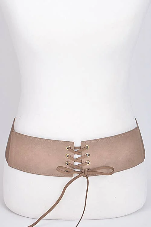 wide leather waist belt with metal buckle for dresses -Corset Belt w/ Ribbon Detail