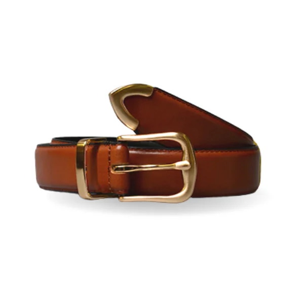 belt with fabric accents for trendy pants -SURRY HILLS - Women's Tan Genuine Leather Belt with Gold Buckle