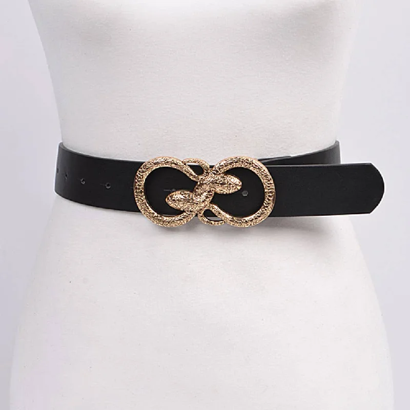 leather waist belt with fabric detailing for skirts -Double Snake Head Buckle Belt