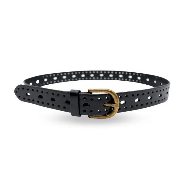 wide waist belt with fabric accents for skirts -ENID - Women's Black Leather Belt with Gold Antique Buckle