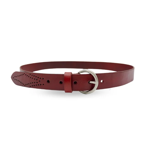 leather waist belt with patterned finish for casual pants -ESPERANCE - Women's Burgundy Genuine Leather Belt with Round Silver Buckle