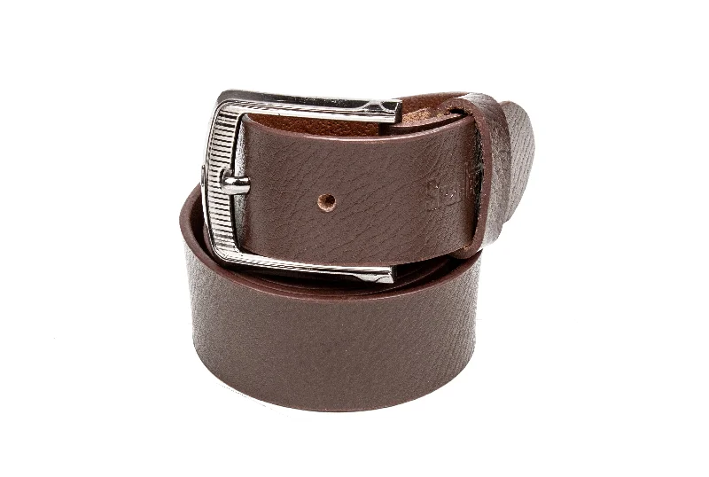 trendy leather waist belt with engraved buckle -FORMAL BELT 35205 ( BROWN)