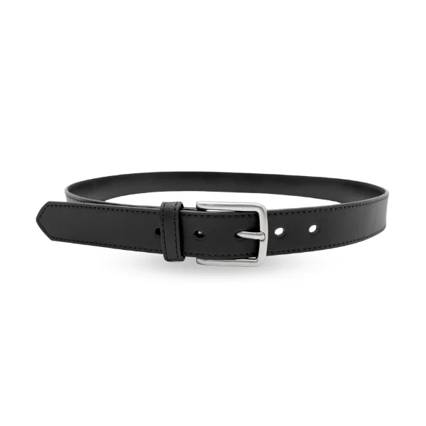 belt for women’s office wear with leather finish -GLENDALE - Women's Black Genuine Leather Skinny Belt with Brushed Silver Buckle