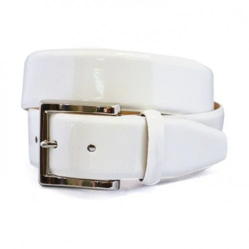 leather waist belt with unique closure for trousers -GRACE - Womens Off-White Patent Finish Leather Belt with Silver Buckle - CLEARANCE