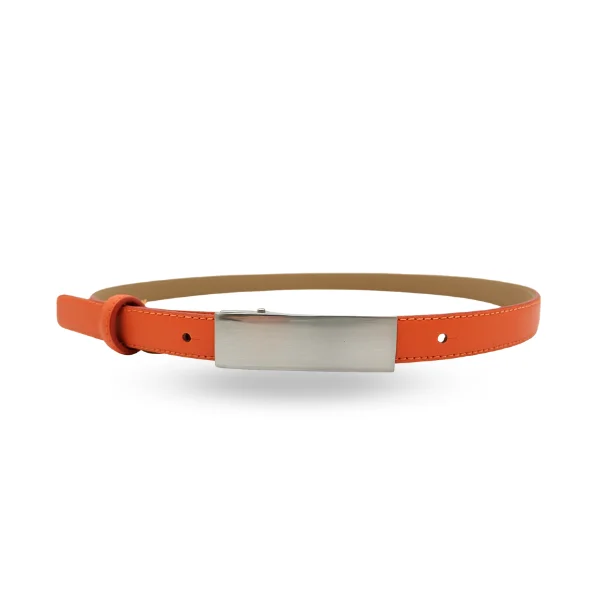 leather waist belt for office skirts with silver buckle -KIMBERLY- Womens Orange Genuine Leather Belt with Silver Buckle