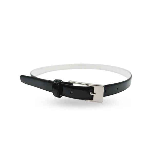 stylish waist belt with silver buckle for business wear -LACEY - Womens Black Leather Slim Patent Belt with Rectangle Buckle