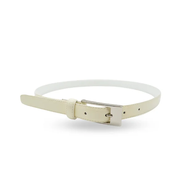 stylish waist belt with minimalistic buckle for skirts -LACEY - Womens Off-White Skinny Genuine Leather Patent Belt with Silver Buckle