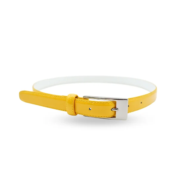 leather waist belt for trendy trousers with large buckle -LACEY - Women's Yellow Skinny Genuine Leather Patent Belt with Silver Buckle