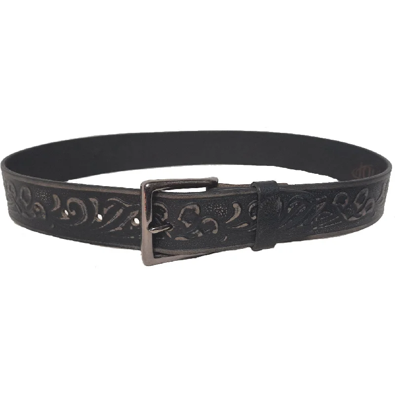 belt with smooth leather finish for casual trousers -Men's Genuine Leather Flower Embossed Belt