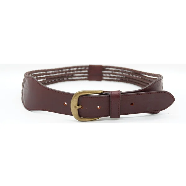 stylish belt for casual pants with square buckle -MISCHA - Women's Dark Brown Plaited Genuine Leather Belt