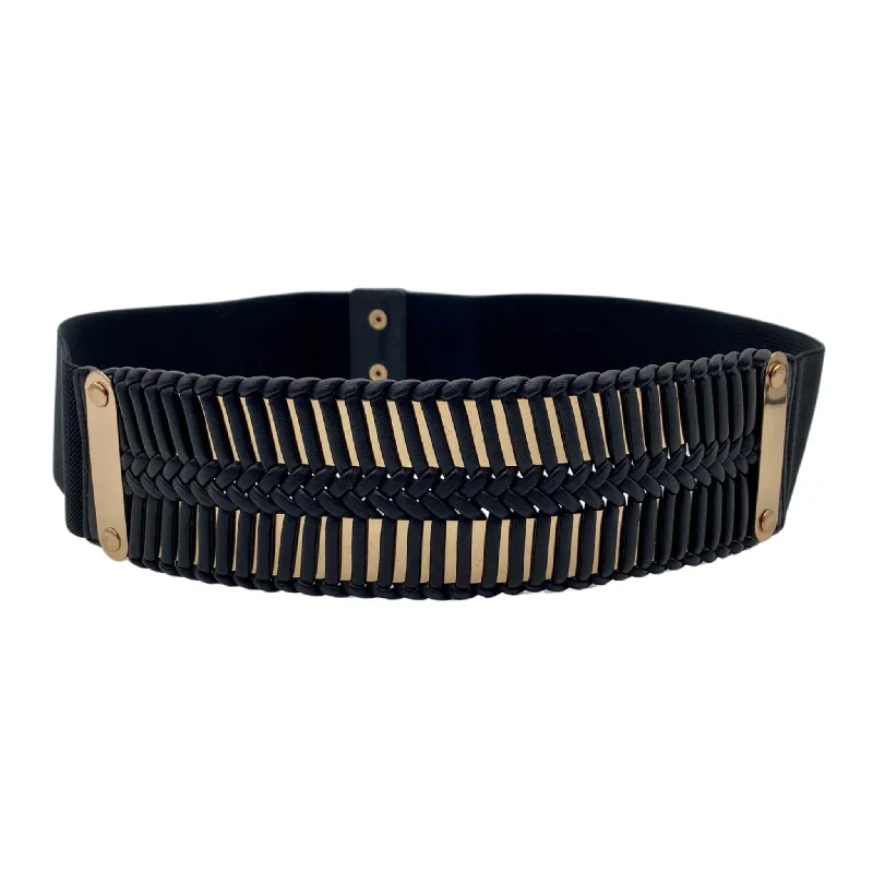 adjustable leather waist belt with patterned buckle -MYA - Women's Black Elastic Belt