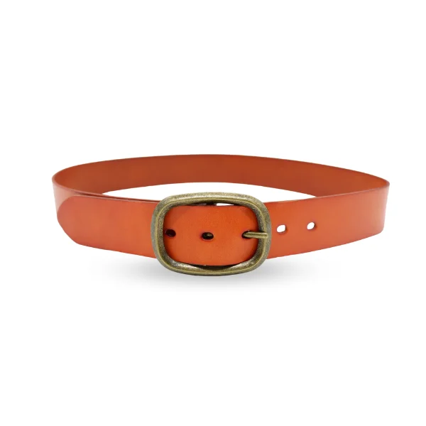 leather belt with metallic details for casual pants -NOWRA - Women's Tan Genuine Leather Belt with Brushed Gold Buckle