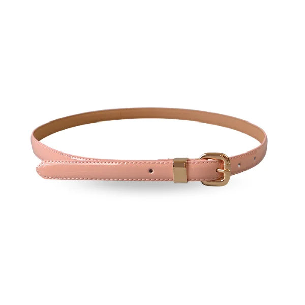 leather waist belt for casual pants with bold buckle -QUEENS PARK - Blush Pink Patent Leather Skinny Belt with Gold Buckle