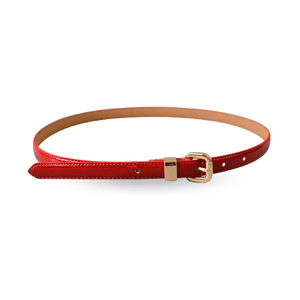 premium waist belt for skirts with modern finish -QUEENS PARK - Patent Genuine Leather Red Skinny Belt Gold Buckle