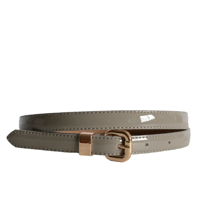 stylish leather waist belt with minimalist design -QUEENS PARK - Womens Skinny Grey Patent Leather Belt with Gold Buckle