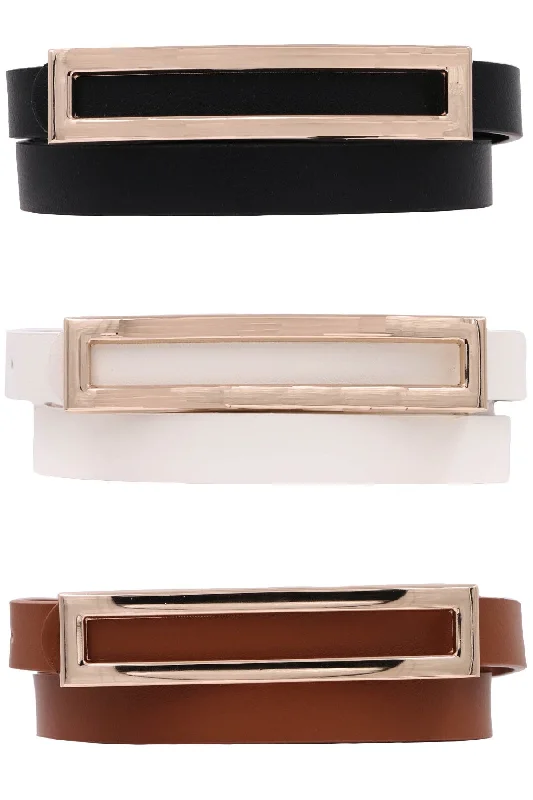 leather belt for business casual outfits with buckle -Rectangular Open Bar Faux Leather Skinny Belt