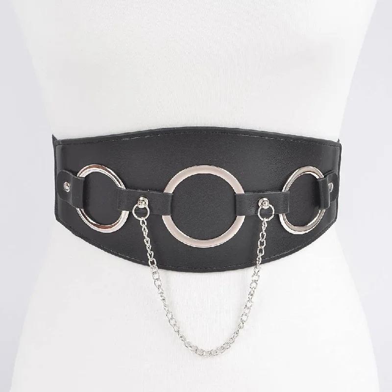 wide waist belt with leather and fabric combination -O Ring Elastic Belt