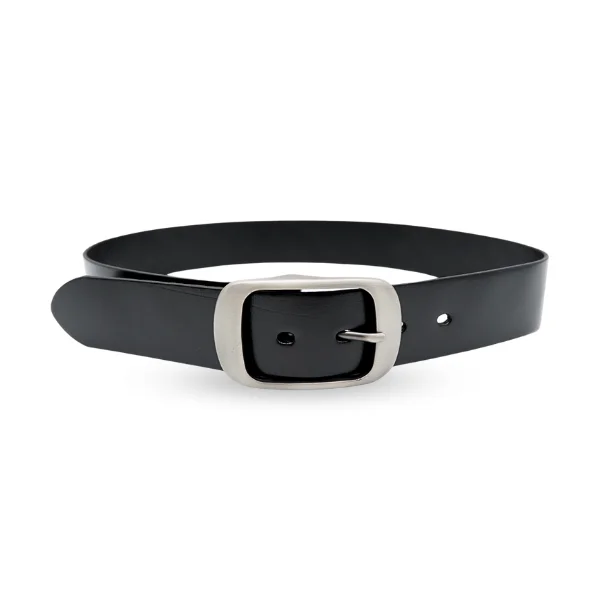 belt for casual trousers with vintage buckle -ROBIN FALLS - Women's Black Genuine Leather Belt with Oval Silver Buckle