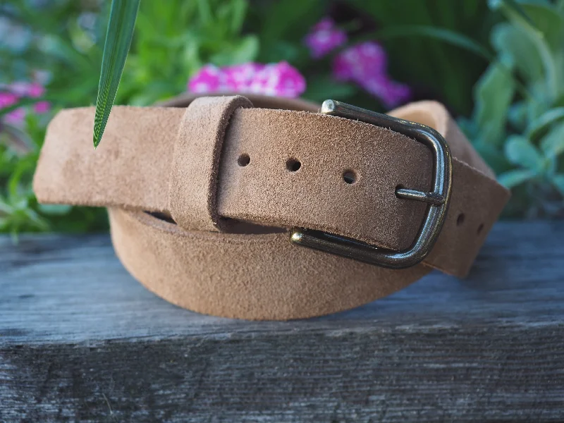 leather waist belt with adjustable clasp for trousers -Rough Out Horween Mechanical Belting Leather Belt