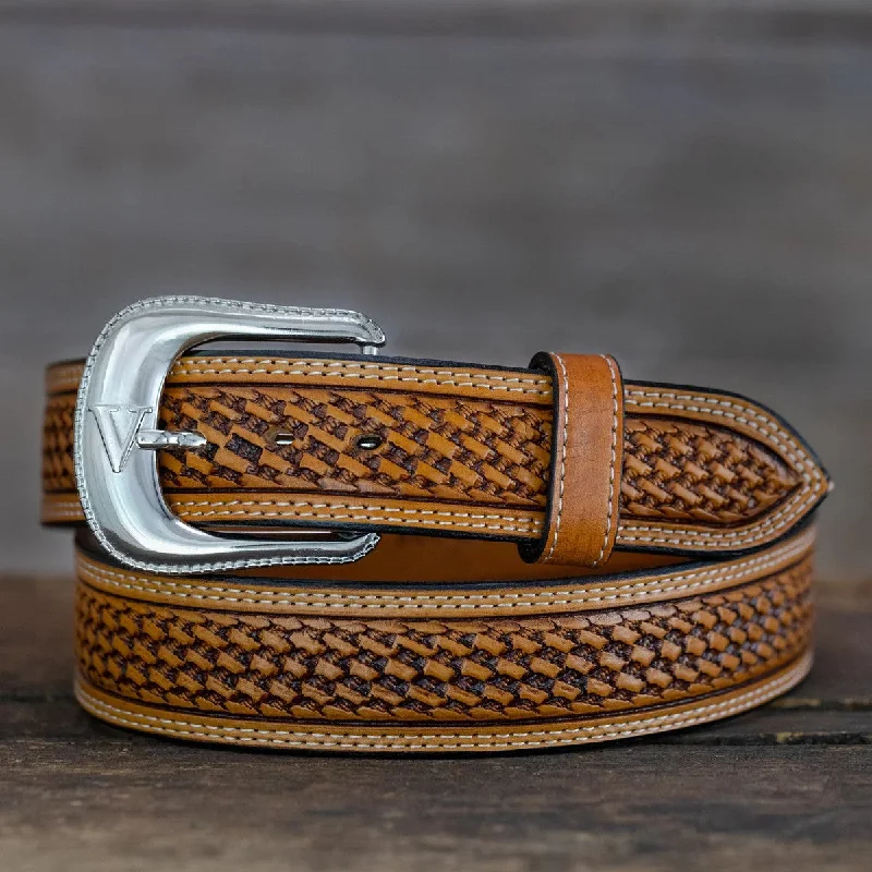 belt with modern design for high-waisted pants -1 1/2" Straight Russet Basket Stamped Belt