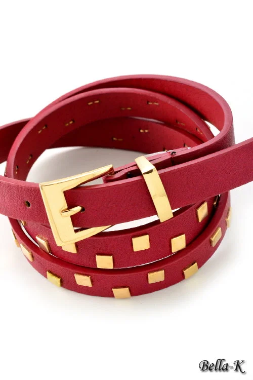 stylish leather waist belt with rounded buckle -Skinny Studded Faux Leather Belt