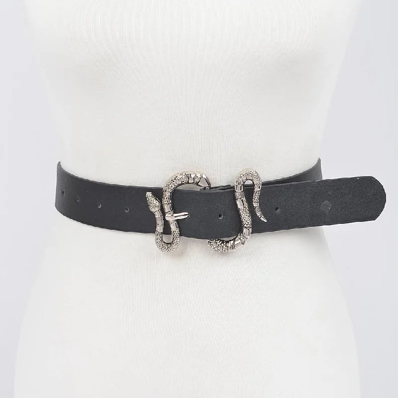 belt for high-waisted jeans with statement buckle -Snake Buckle Faux Leather Belt