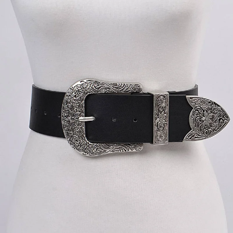 leather waist belt for office skirts with decorative buckle -Swirl Metal Buckle Belt