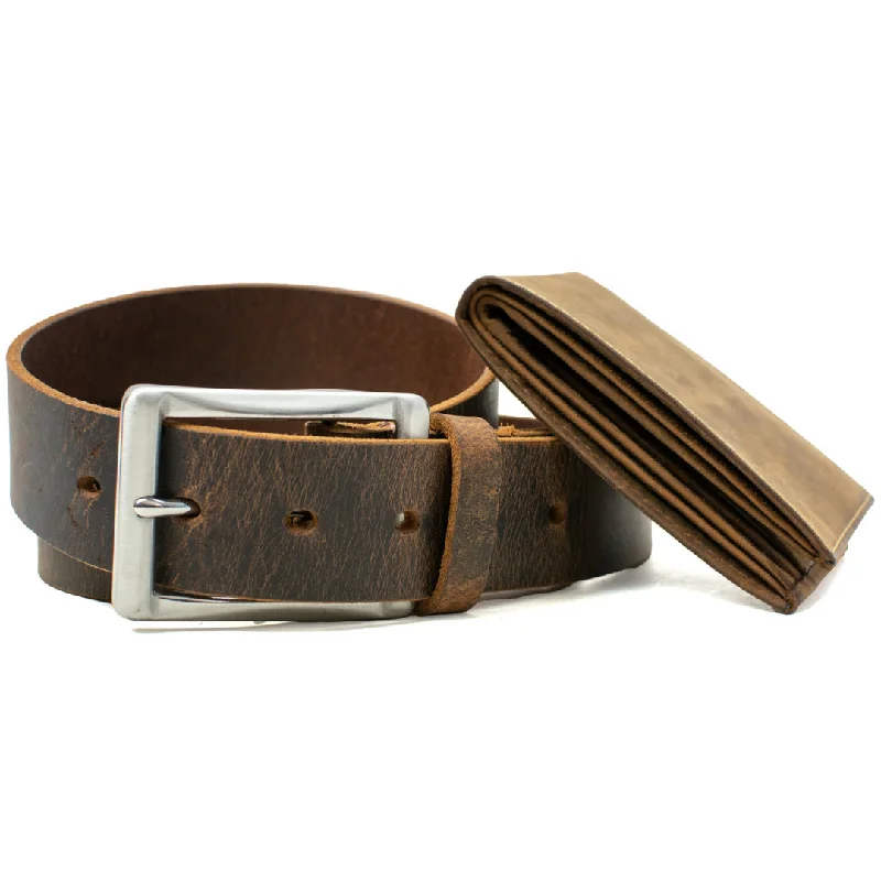 belt for casual trousers with vintage buckle -The Site Manager Distressed Leather Brown Work Belt & Wallet Set by Nickel Smart®