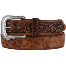 stylish leather belt with large buckle for jeans -TONY LAMA MEN'S OSTRICH/FLORAL PRINT BELT/C42525