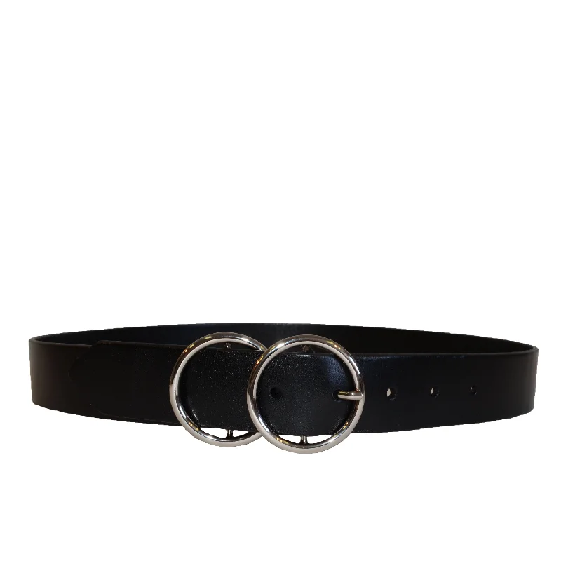 belt with subtle details for office trousers -TOWNSVILLE - Women's Black Double Ring Leather Belt with Silver Buckle