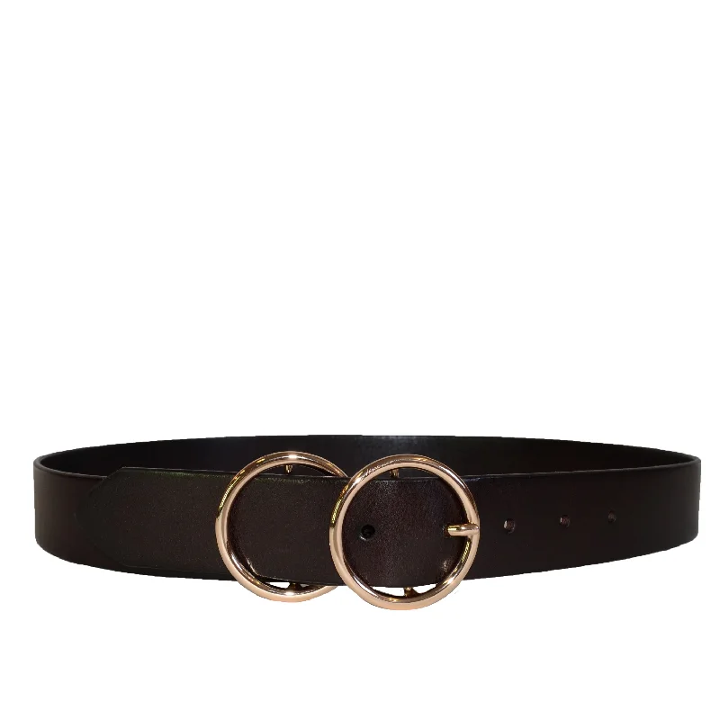 leather waist belt with gold accents for skirts -TOWNSVILLE - Womens Dark Brown Double Ring Leather Belt