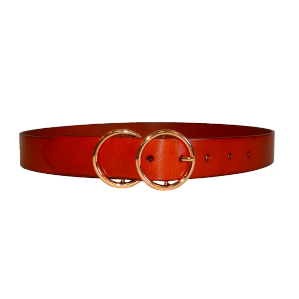 leather waist belt with fabric detailing for skirts -TOWNSVILLE - Women's Tan Double Ring Leather Belt