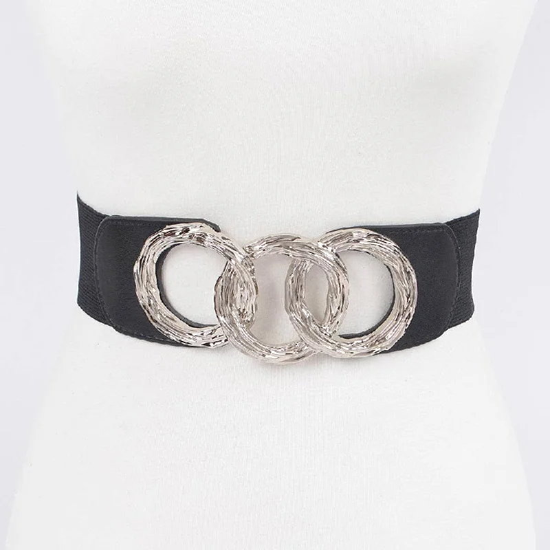 leather waist belt for office skirts with sleek design -Triple O Ring Buckle Elastic Belt