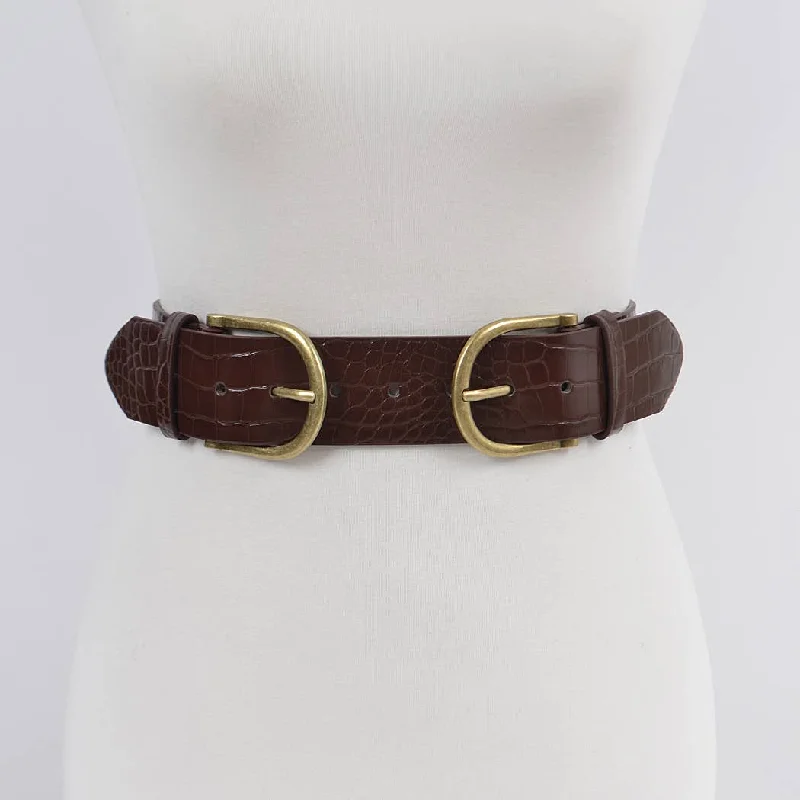 leather waist belt with bold silver buckle for jeans -Two Buckle Faux Croc Leather Waist Belt