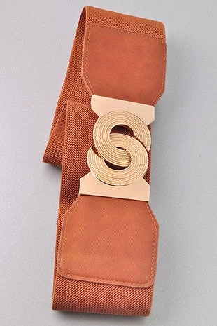 belt with fabric and leather mix for skirts -Wide Strech Belt with Circle Buckle