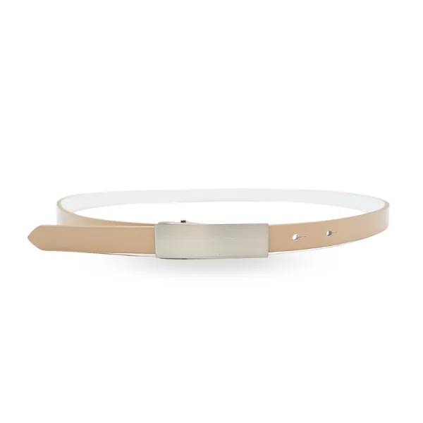 wide leather waist belt for casual pants -KIMBERLY - Womens Beige Glossy Patent Leather Reversible Thin Belt