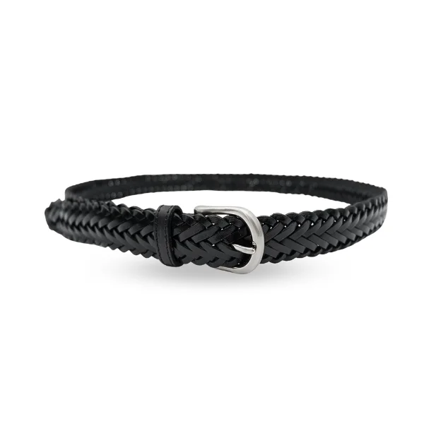 premium leather belt for casual trousers with buckle -ZAREH - Womens Black Plaited Leather Belt with Gunmetal Buckle