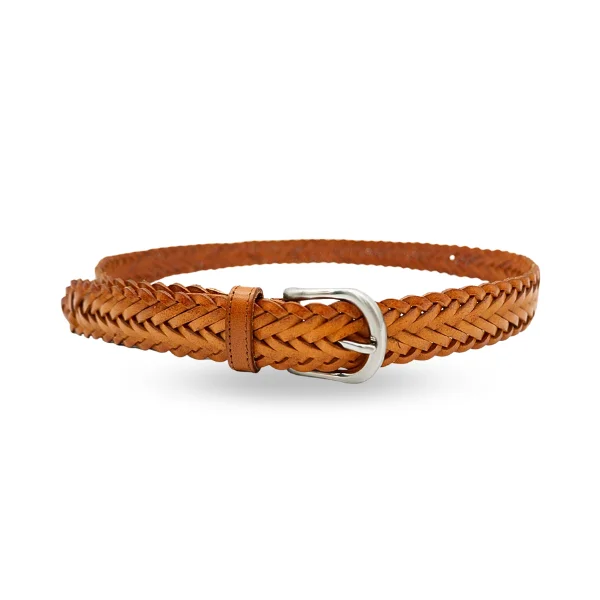 belt for jeans with embossed leather design -ZAREH - Womens Tan Brown Plaited Leather Belt with Gunmetal Buckle