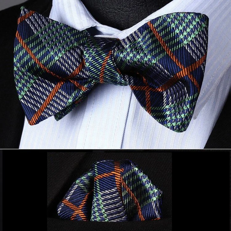 silk wedding bow tie combinations for men-Ace Plaid Self-Tie Bow Tie and Pocket Square