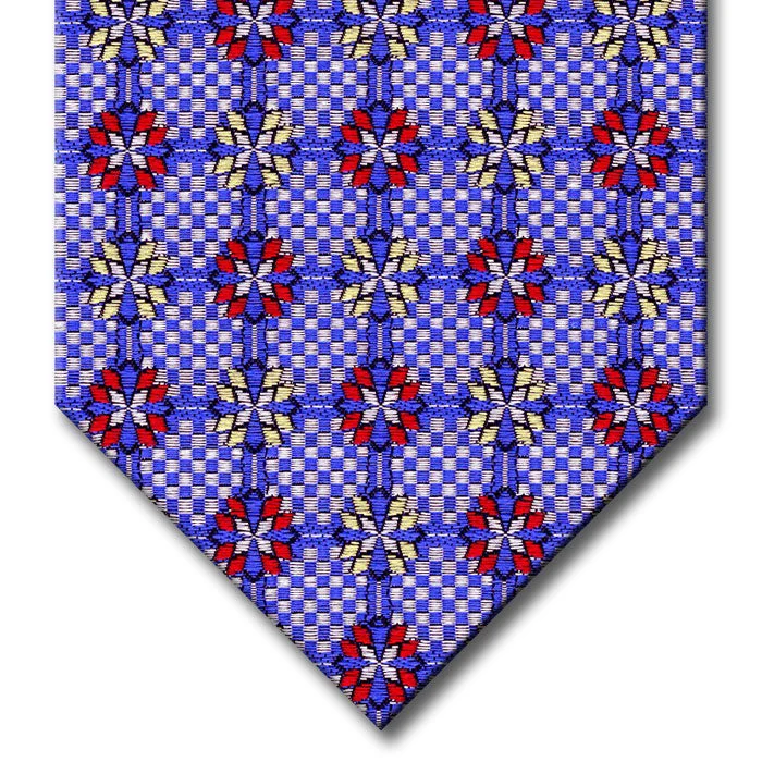 affordable silk wedding necktie designs-Blue and Silver with Red and Yellow Medallion Custom Tie