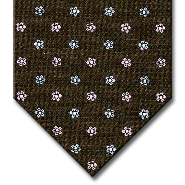 elegant office silk necktie designs for men-Brown with Light Blue and Pink Floral Pattern Custom Tie