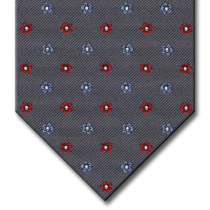 slim silk wedding tie options for men-Charcoal Gray with Light Blue and Red Floral Pattern Custom Tie